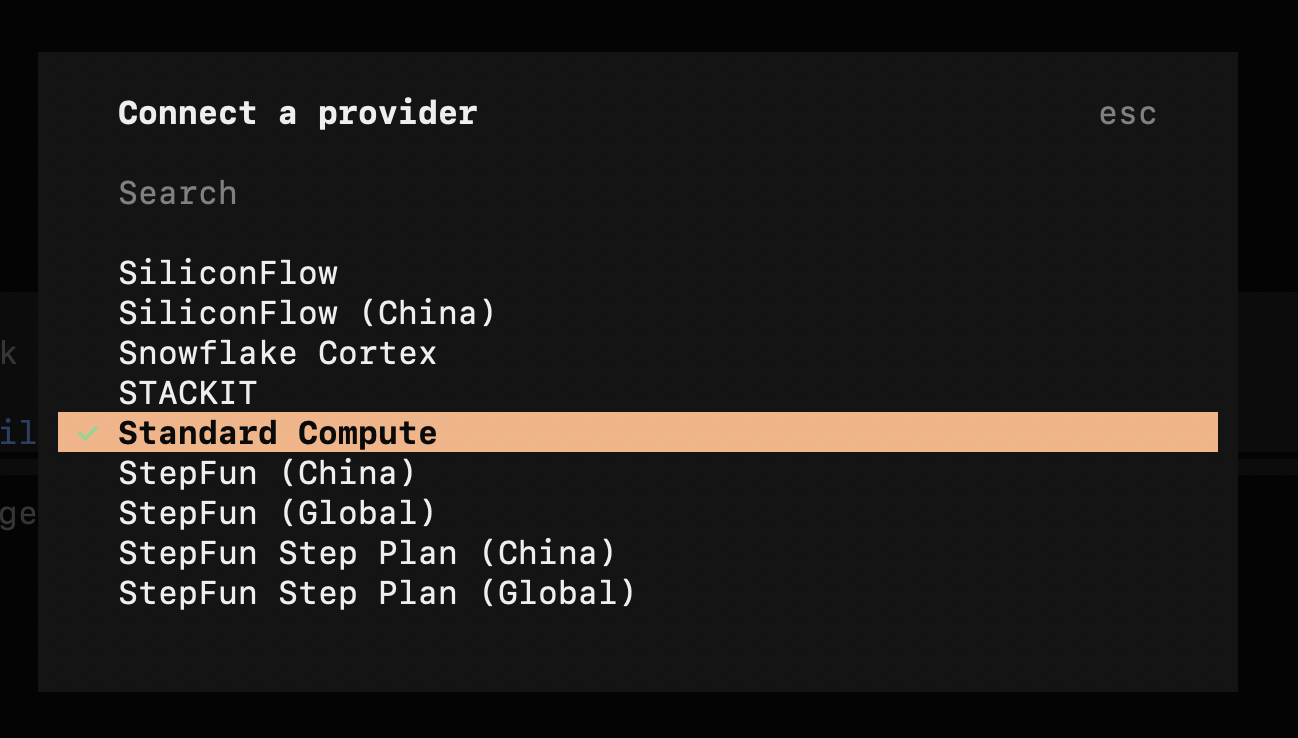 Standard Compute selected in OpenCode's provider picker
